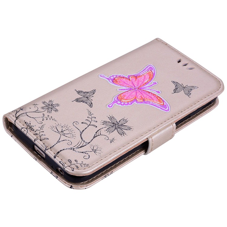 Glittery Powder Imprinted Butterfly Pattern Leather Wallet Stand Shell for Samsung Galaxy J3 Pro (2017) / J3 (2017) EU Version - Gold-3