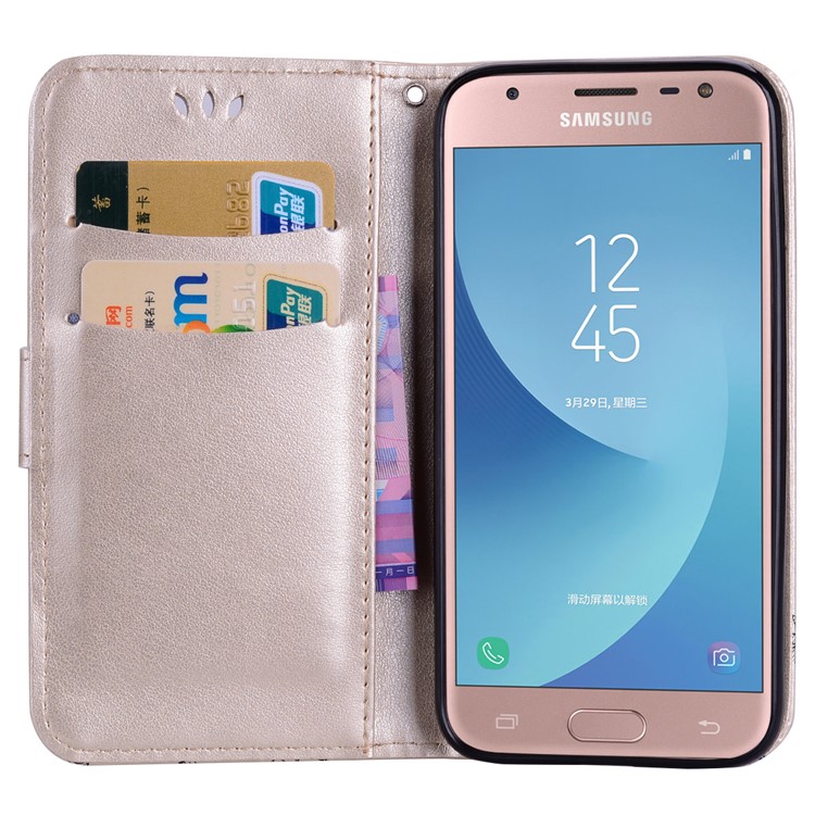 Glittery Powder Imprinted Butterfly Pattern Leather Wallet Stand Shell for Samsung Galaxy J3 Pro (2017) / J3 (2017) EU Version - Gold-4