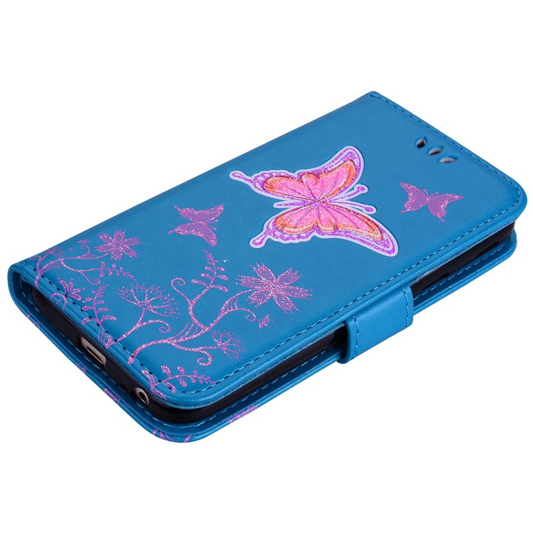 Glittery Powder Imprinted Butterfly Pattern Leather Wallet Stand Phone Case for Samsung Galaxy J3 Pro (2017) / J3 (2017) EU Version - Blue-3