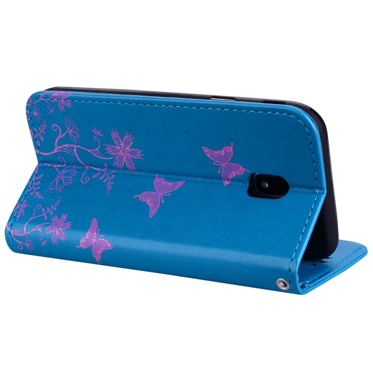 Glittery Powder Imprinted Butterfly Pattern Leather Wallet Stand Phone Case for Samsung Galaxy J3 Pro (2017) / J3 (2017) EU Version - Blue-4