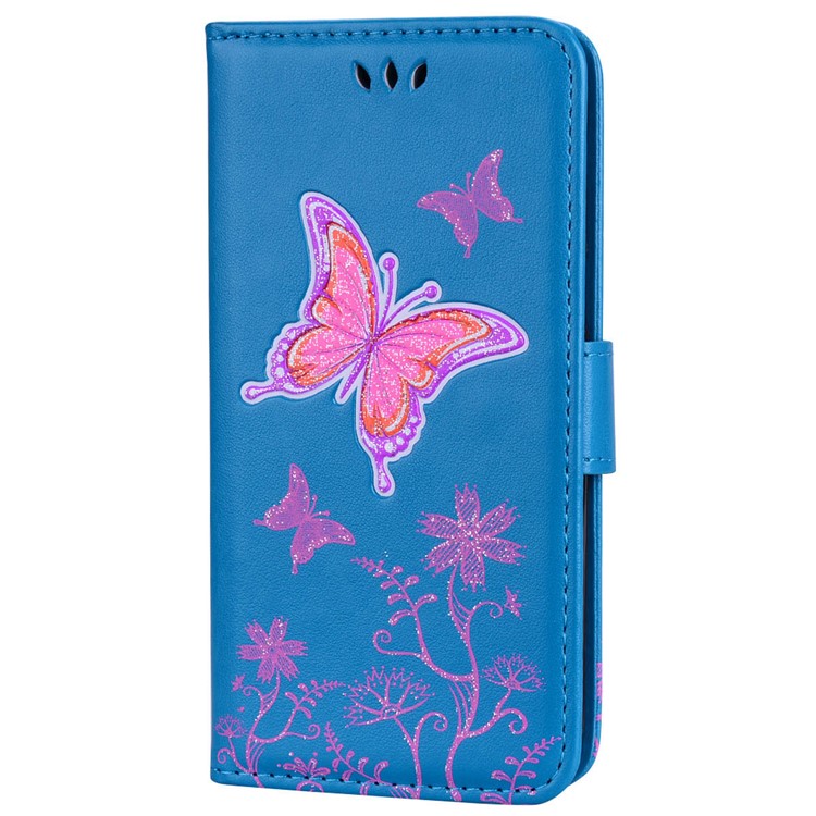 Glittery Powder Imprinted Butterfly Pattern Leather Wallet Stand Phone Case for Samsung Galaxy J3 Pro (2017) / J3 (2017) EU Version - Blue-6