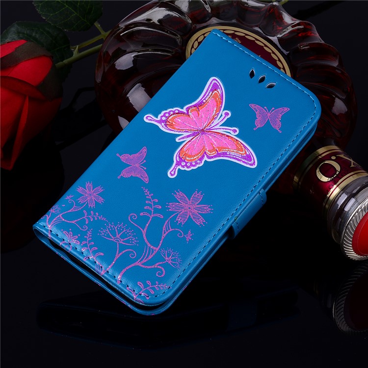 Glittery Powder Imprinted Butterfly Pattern Leather Wallet Stand Phone Case for Samsung Galaxy J3 Pro (2017) / J3 (2017) EU Version - Blue-7