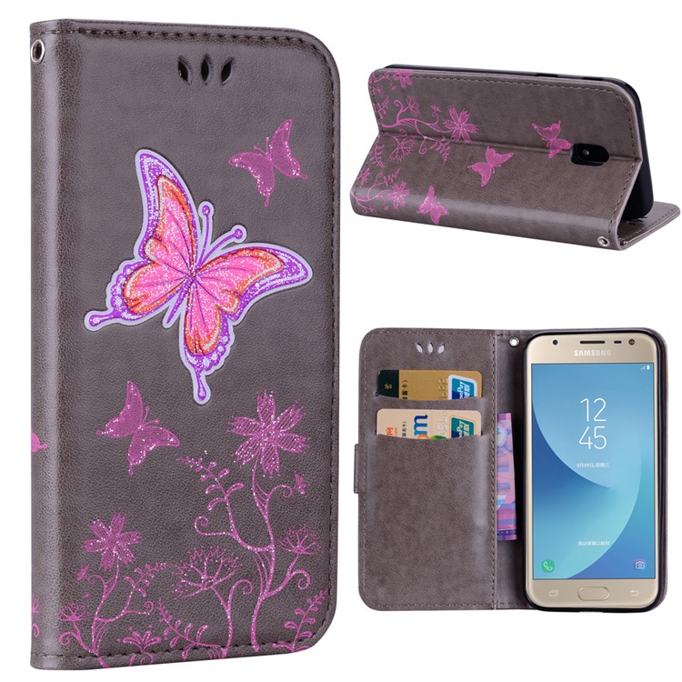Flash Powder Butterfly Flower Leather Wallet Case for Samsung Galaxy J5 (2017) EU Version / J5 Pro (2017) - Grey-1