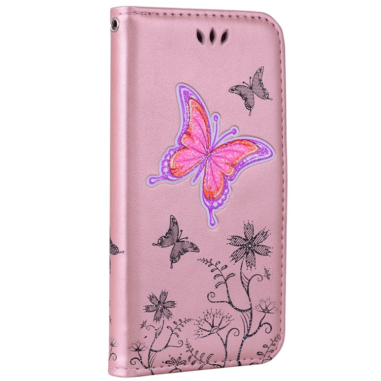 Flash Powder Butterfly Flower Leather Wallet Shell for Samsung Galaxy J5 (2017) EU Version / J5 Pro (2017) - Rose Gold-1