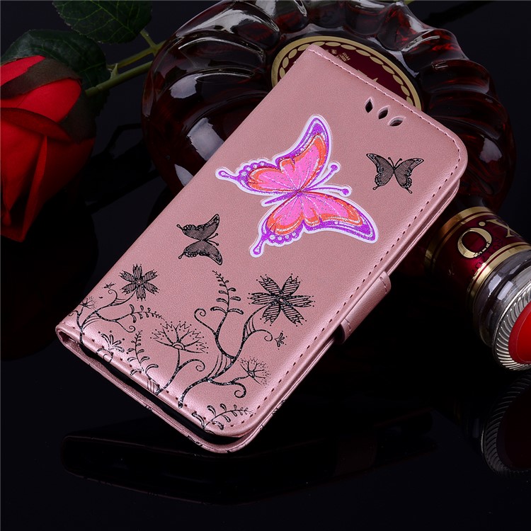 Flash Powder Butterfly Flower Leather Wallet Shell for Samsung Galaxy J5 (2017) EU Version / J5 Pro (2017) - Rose Gold-7
