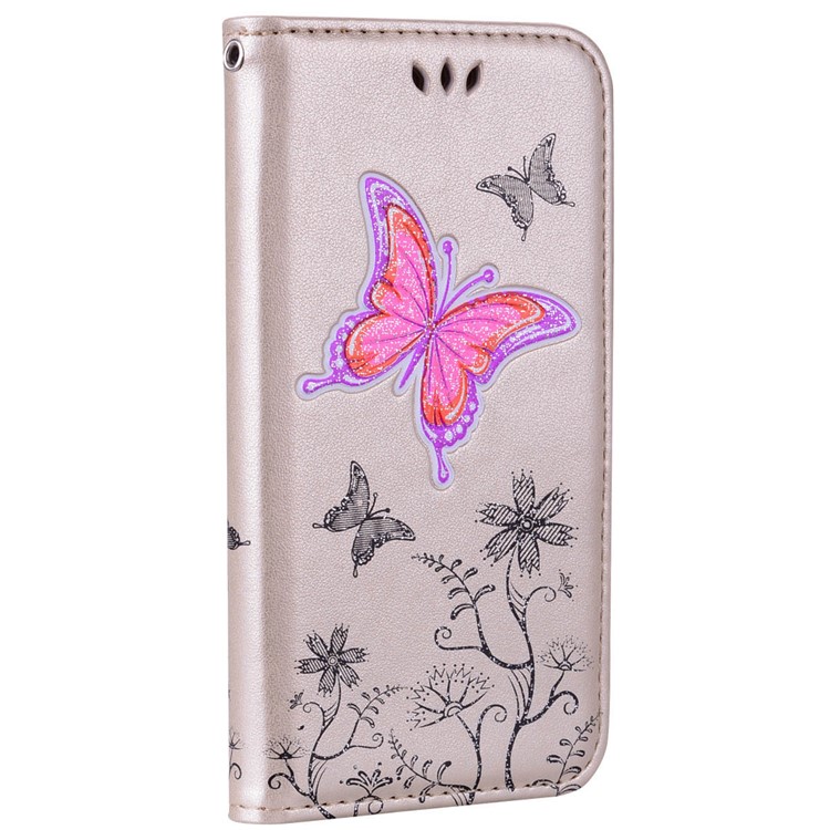 Flash Powder Butterfly Flower Leather Wallet Phone Case for Samsung Galaxy J5 (2017) EU Version / J5 Pro (2017) - Gold-1