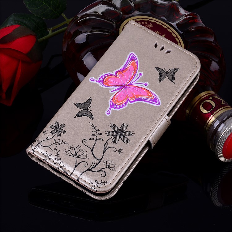 Flash Powder Butterfly Flower Leather Wallet Phone Case for Samsung Galaxy J5 (2017) EU Version / J5 Pro (2017) - Gold-7