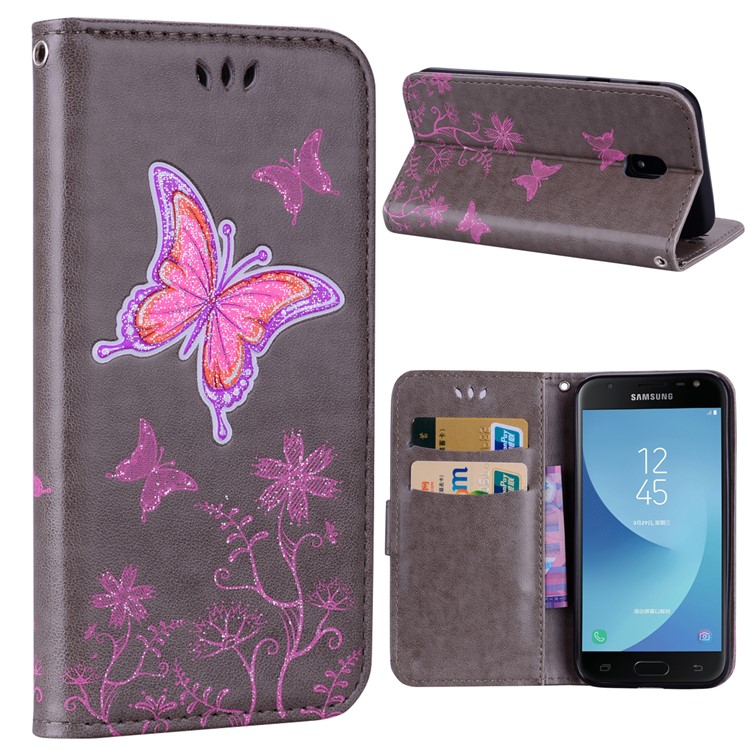 Glittery Powder Imprinted Butterfly Pattern Leather Wallet Stand Casing for Samsung Galaxy J7 Pro (2017) / J7 (2017) EU Version - Grey-1