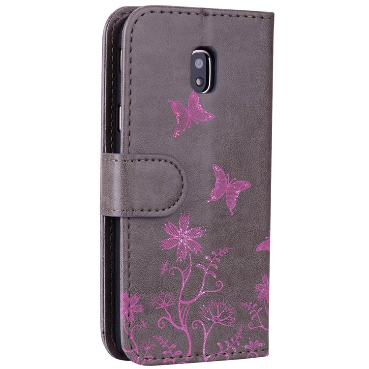 Glittery Powder Imprinted Butterfly Pattern Leather Wallet Stand Casing for Samsung Galaxy J7 Pro (2017) / J7 (2017) EU Version - Grey-2