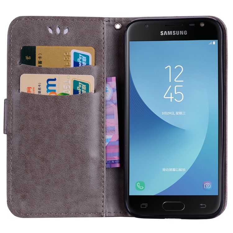 Glittery Powder Imprinted Butterfly Pattern Leather Wallet Stand Casing for Samsung Galaxy J7 Pro (2017) / J7 (2017) EU Version - Grey-5
