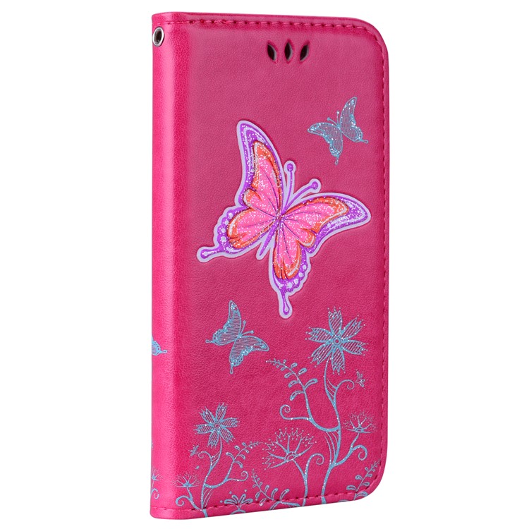 Glittery Powder Imprinted Butterfly Pattern Leather Wallet Stand Case for Samsung Galaxy J7 Pro (2017) / J7 (2017) EU Version - Rose-1