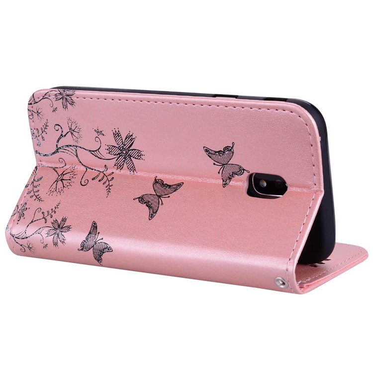 Glittery Powder Imprinted Butterfly Pattern Leather Wallet Stand Cover for Samsung Galaxy J7 Pro (2017) / J7 (2017) EU Version - Rose Gold-4