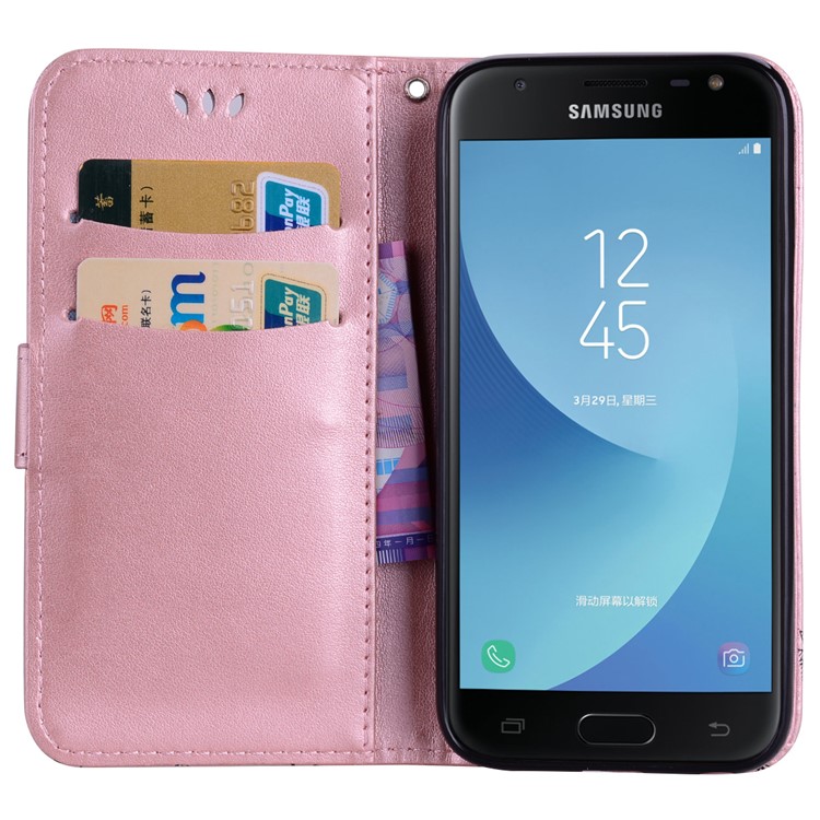 Glittery Powder Imprinted Butterfly Pattern Leather Wallet Stand Cover for Samsung Galaxy J7 Pro (2017) / J7 (2017) EU Version - Rose Gold-5