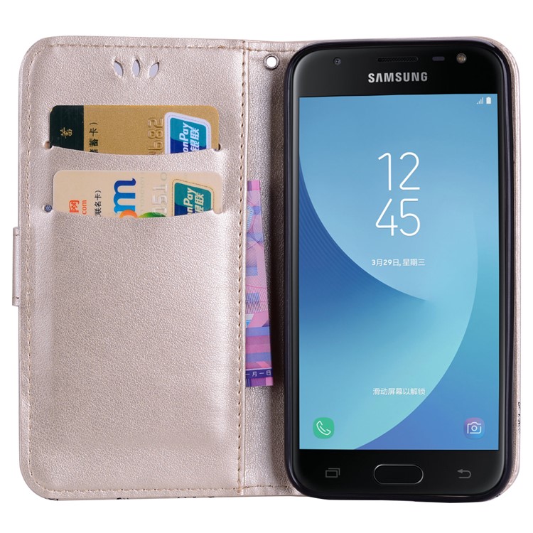 Glittery Powder Imprinted Butterfly Pattern Leather Wallet Stand Shell for Samsung Galaxy J7 Pro (2017) / J7 (2017) EU Version - Gold-5