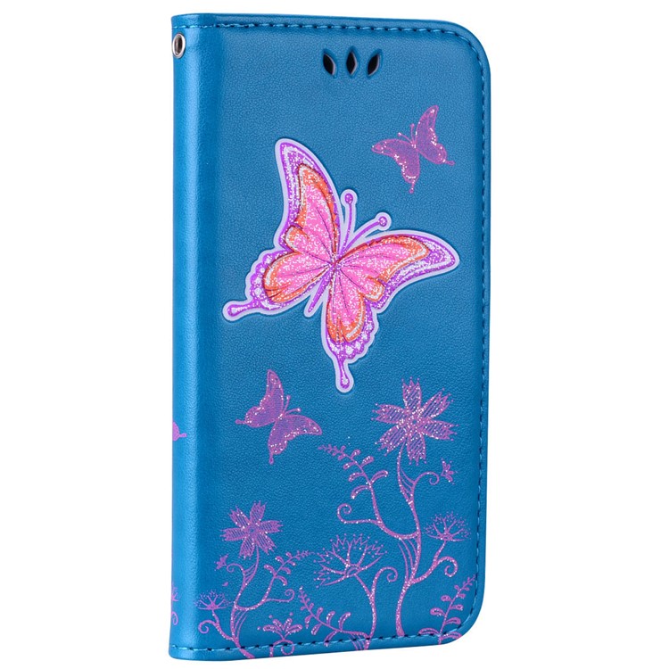 Glittery Powder Imprinted Butterfly Pattern Leather Wallet Stand Casing Cover for Samsung Galaxy J7 Pro (2017) / J7 (2017) EU Version - Blue-1
