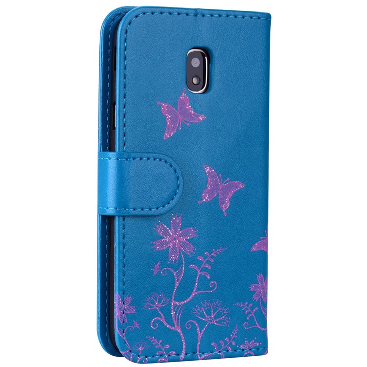 Glittery Powder Imprinted Butterfly Pattern Leather Wallet Stand Casing Cover for Samsung Galaxy J7 Pro (2017) / J7 (2017) EU Version - Blue-2
