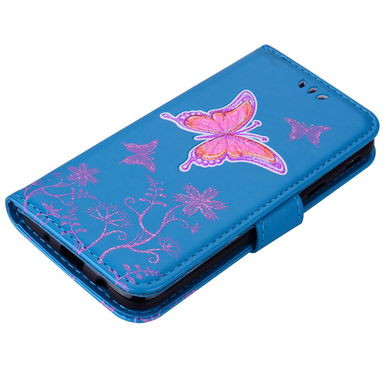 Glittery Powder Imprinted Butterfly Pattern Leather Wallet Stand Casing Cover for Samsung Galaxy J7 Pro (2017) / J7 (2017) EU Version - Blue-3