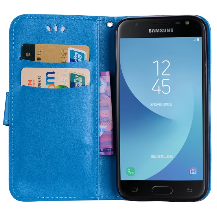 Glittery Powder Imprinted Butterfly Pattern Leather Wallet Stand Casing Cover for Samsung Galaxy J7 Pro (2017) / J7 (2017) EU Version - Blue-5