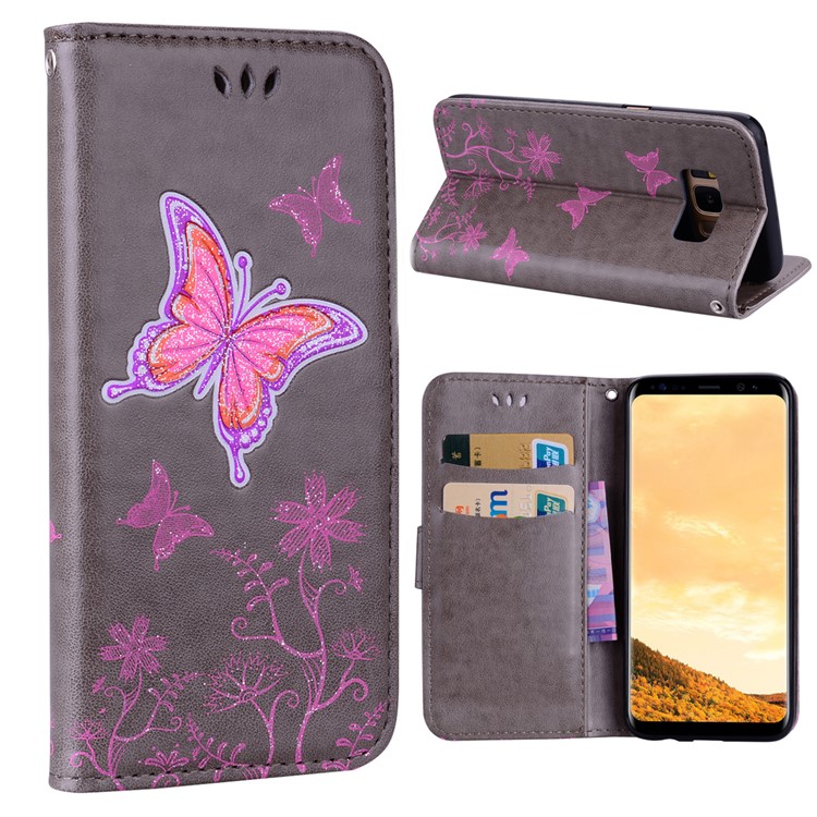 Flash Powder Butterfly Pattern Leather Wallet Case for Samsung Galaxy S8 SM-G950 - Grey-1