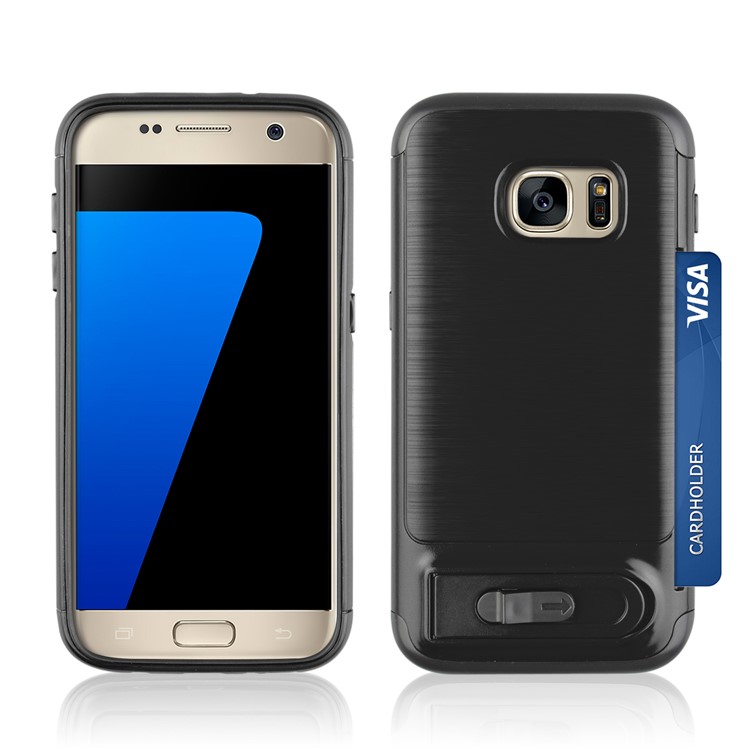 ANGIBABE Card Holder Brushed PC + TPU Hybrid Kickstand Case for Samsung Galaxy S7 SM-G930 - Black-3