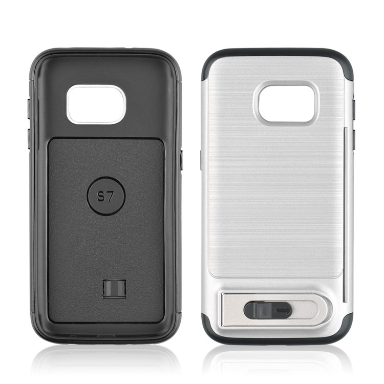 ANGIBABE Card Holder Brushed PC + TPU Hybrid Kickstand Cover for Samsung Galaxy S7 SM-G930 - Silver-2