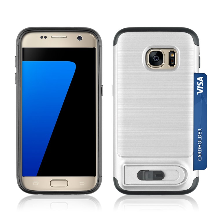 ANGIBABE Card Holder Brushed PC + TPU Hybrid Kickstand Cover for Samsung Galaxy S7 SM-G930 - Silver-3