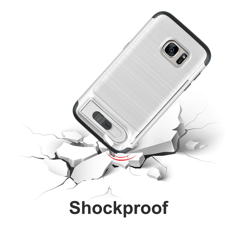ANGIBABE Card Holder Brushed PC + TPU Hybrid Kickstand Cover for Samsung Galaxy S7 SM-G930 - Silver-6