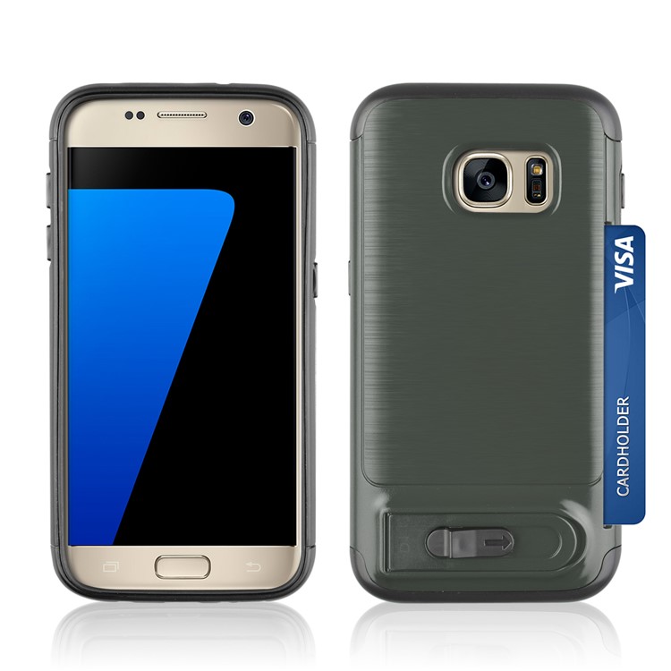 ANGIBABE Card Holder Brushed PC + TPU Hybrid Kickstand Shell for Samsung Galaxy S7 SM-G930 - Dark Grey-3