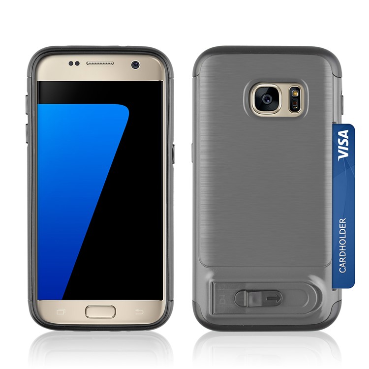 ANGIBABE Card Holder Brushed PC + TPU Hybrid Kickstand Casing for Samsung Galaxy S7 SM-G930 - Light Grey-3