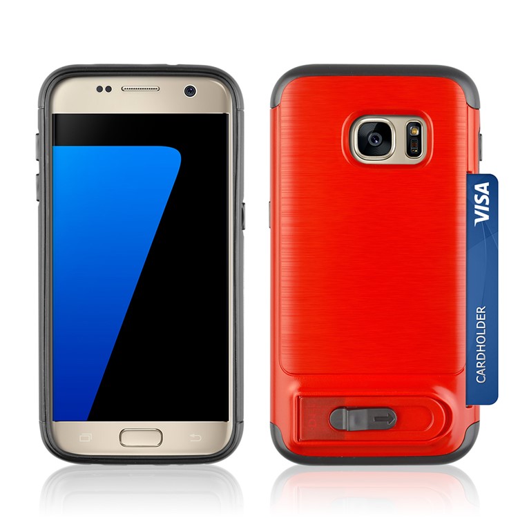 ANGIBABE Card Holder Brushed PC + TPU Combo Kickstand Case for Samsung Galaxy S7 SM-G930 - Red-3