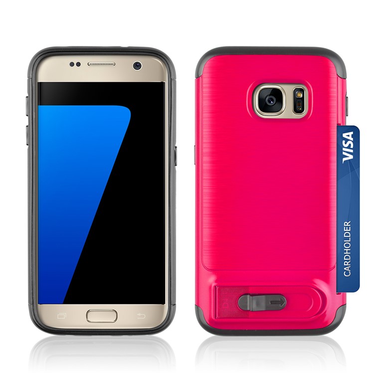 ANGIBABE Card Holder Brushed PC + TPU Combo Kickstand Cover for Samsung Galaxy S7 SM-G930 - Rose-3