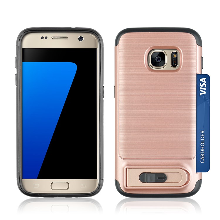 ANGIBABE Card Holder Brushed PC + TPU Combo Kickstand Shell for Samsung Galaxy S7 SM-G930 - Rose Gold-3