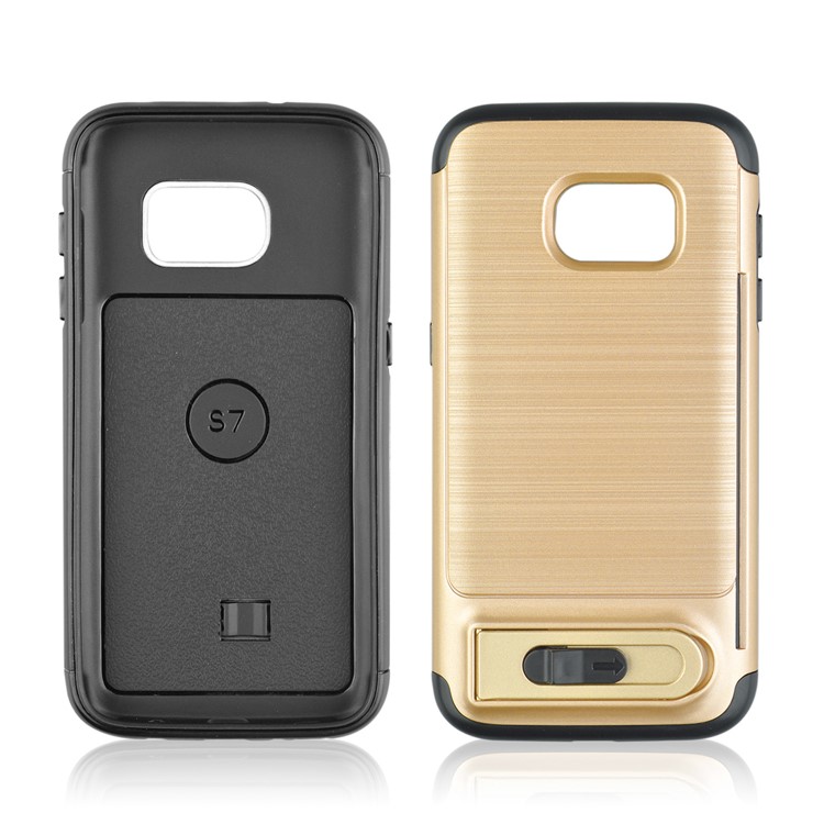 ANGIBABE Card Holder Brushed PC + TPU Combo Kickstand Mobile Phone Case for Samsung Galaxy S7 SM-G930 - Gold-2