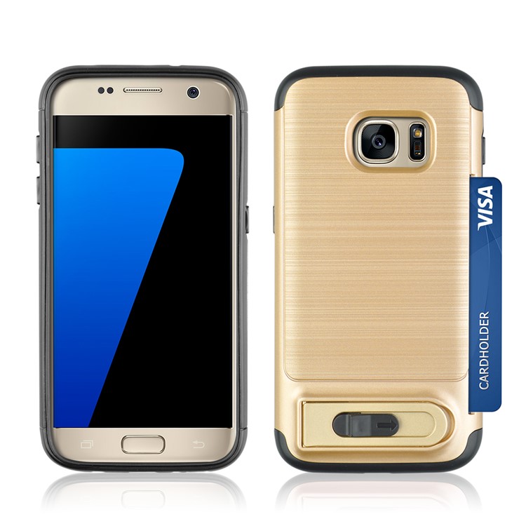 ANGIBABE Card Holder Brushed PC + TPU Combo Kickstand Mobile Phone Case for Samsung Galaxy S7 SM-G930 - Gold-3