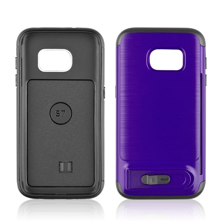 ANGIBABE Card Holder Brushed PC + TPU Hybrid Kickstand Cell Phone Case for Samsung Galaxy S7 SM-G930 - Dark Purple-2