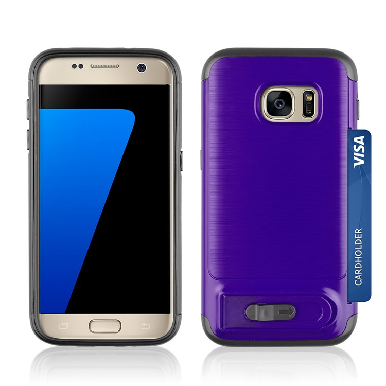 ANGIBABE Card Holder Brushed PC + TPU Hybrid Kickstand Cell Phone Case for Samsung Galaxy S7 SM-G930 - Dark Purple-3