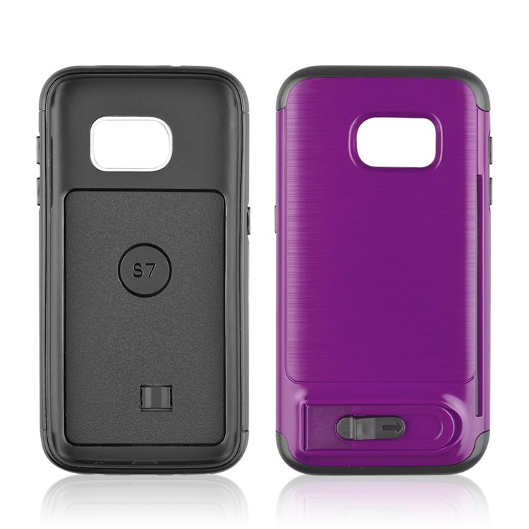 ANGIBABE Card Holder Brushed PC + TPU Hybrid Kickstand Protective Case for Samsung Galaxy S7 SM-G930 - Light Purple-2