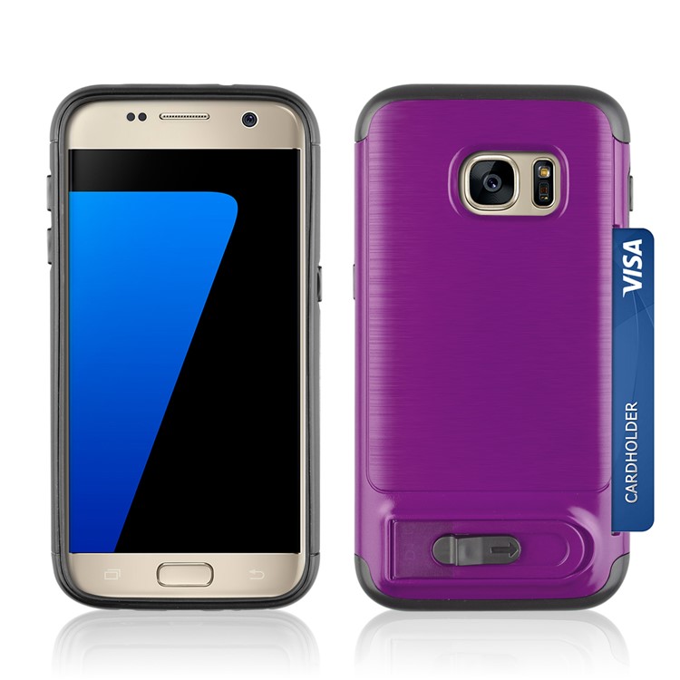 ANGIBABE Card Holder Brushed PC + TPU Hybrid Kickstand Protective Case for Samsung Galaxy S7 SM-G930 - Light Purple-3