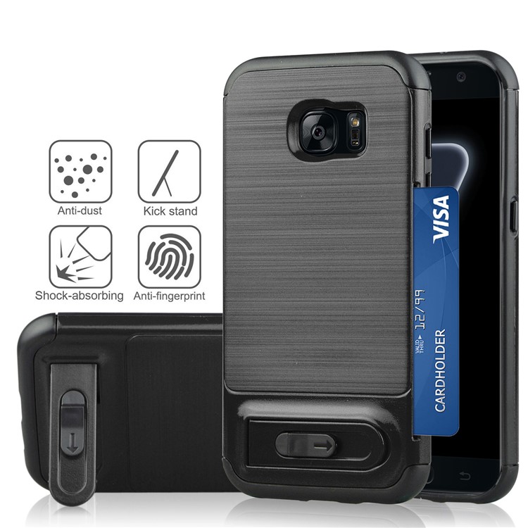 ANGIBABE Card Holder Brushed PC + TPU Kickstand Case for Samsung Galaxy S7 edge SM-G935 - Black-1