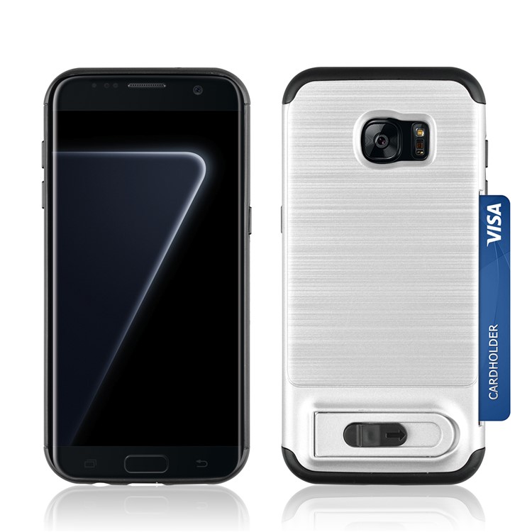 ANGIBABE Card Slot Brushed PC + TPU Hybrid Case with Kickstand for Samsung Galaxy S7 edge SM-G935 - Silver-3
