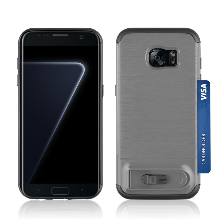 ANGIBABE Kickstand Card Holder Brushed PC + TPU Hybrid Cover for Samsung Galaxy S7 edge SM-G935 - Light Grey-3
