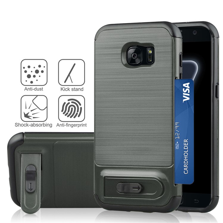 ANGIBABE for Samsung Galaxy S7 edge SM-G935 Card Slot Brushed PC + TPU Back Case with Kickstand - Dark Grey-1