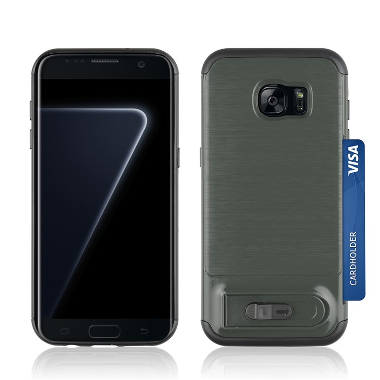 ANGIBABE for Samsung Galaxy S7 edge SM-G935 Card Slot Brushed PC + TPU Back Case with Kickstand - Dark Grey-3