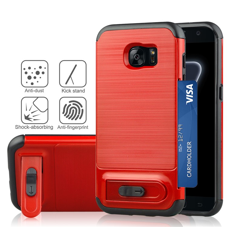 ANGIBABE Card Slot Brushed Hybrid PC + TPU Kickstand Cover for Samsung Galaxy S7 edge SM-G935 - Red-1