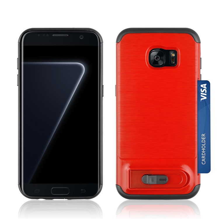 ANGIBABE Card Slot Brushed Hybrid PC + TPU Kickstand Cover for Samsung Galaxy S7 edge SM-G935 - Red-3