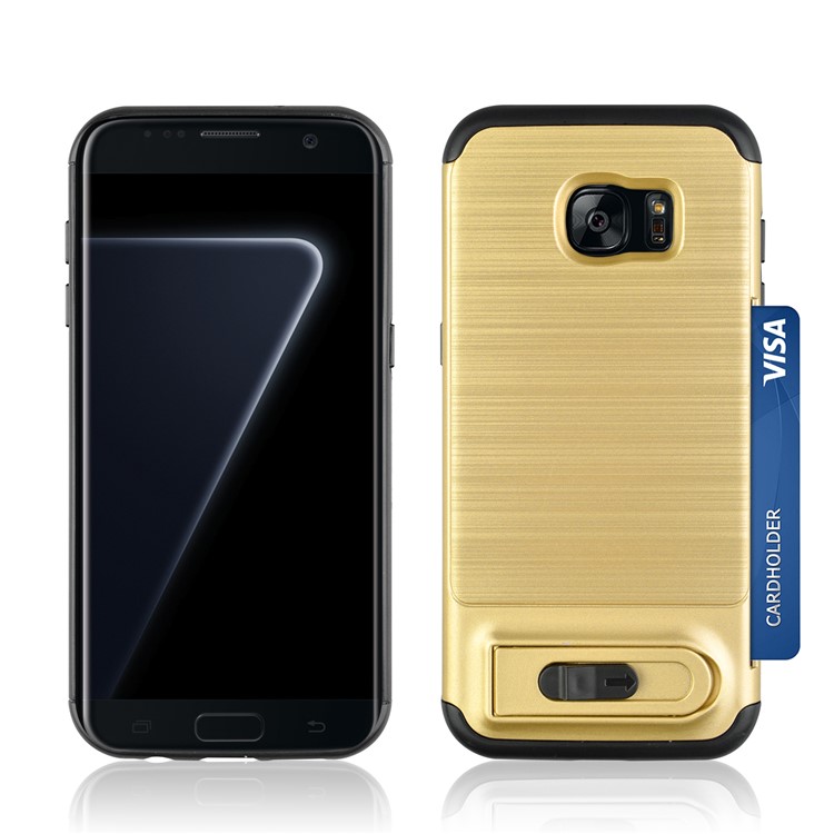 ANGIBABE Card Slot Brushed PC + TPU Combo Case with Kickstand for Samsung Galaxy S7 edge SM-G935 - Gold-3