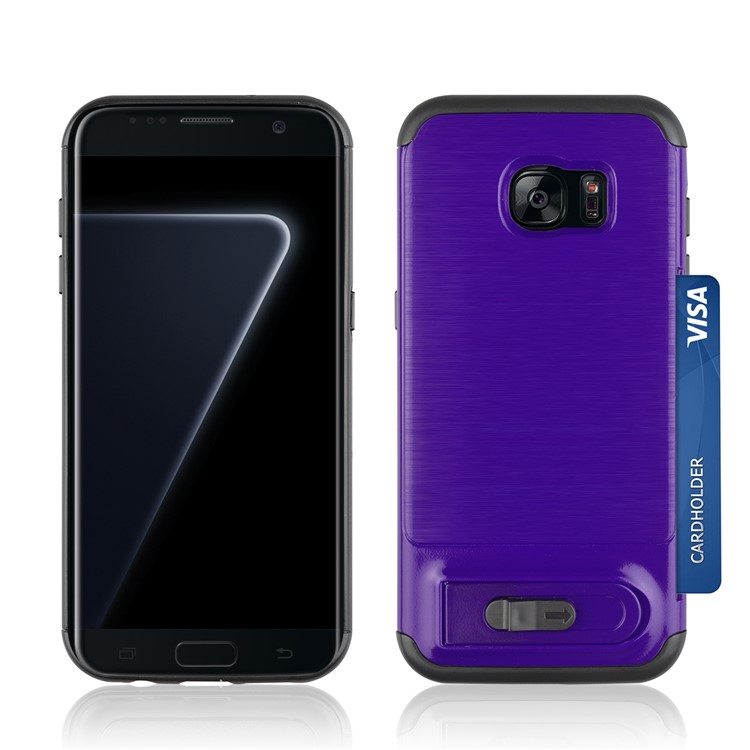 ANGIBABE Card Slot Kickstand Brushed PC + TPU Mobile Casing for Samsung Galaxy S7 edge SM-G935 - Dark Purple-3