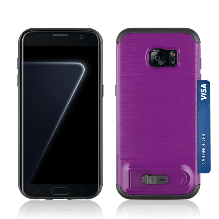 ANGIBABE Card Slot Brushed PC + TPU Phone Cover with Kickstand for Samsung Galaxy S7 edge SM-G935 - Light Purple-3
