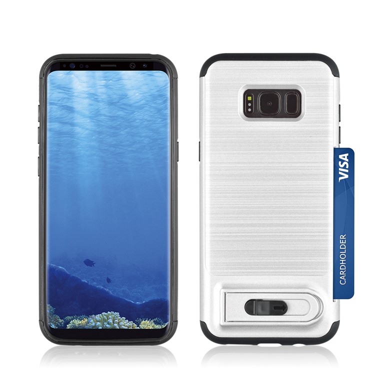 ANGIBABE Card Slot Brushed PC + TPU Hybrid Case with Kickstand for Samsung Galaxy S8 G950 - Silver-3