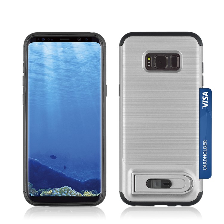 ANGIBABE Kickstand Card Holder Brushed PC + TPU Hybrid Cover for Samsung Galaxy S8 G950 - Light Grey-3